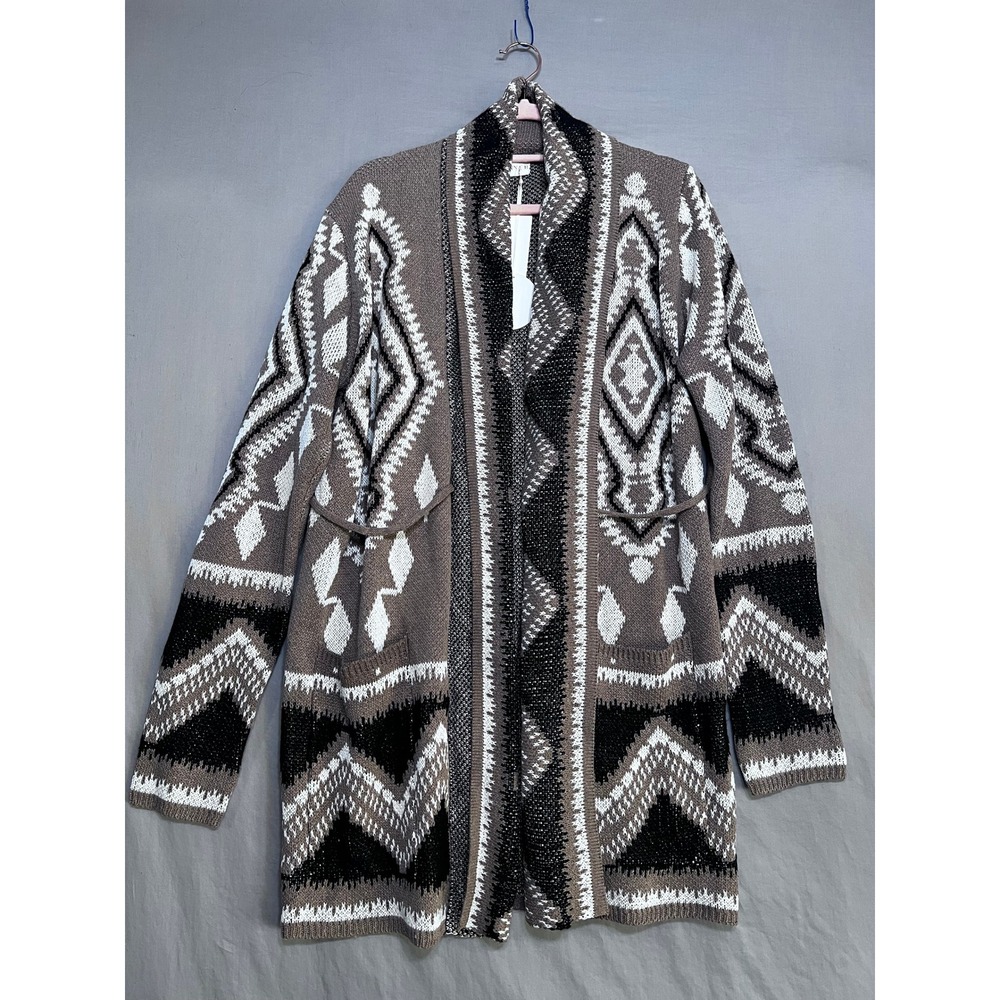 Avenue Womens Brown Geometric Tribal Open Front Belted Cardigan Sweater  BOHO